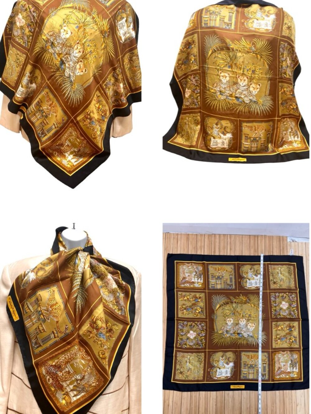 Leopard-Tiger Family Salvatore Ferragamo Scarf SilkSatin 34" Gold Brown (27 - Picture 8 of 15